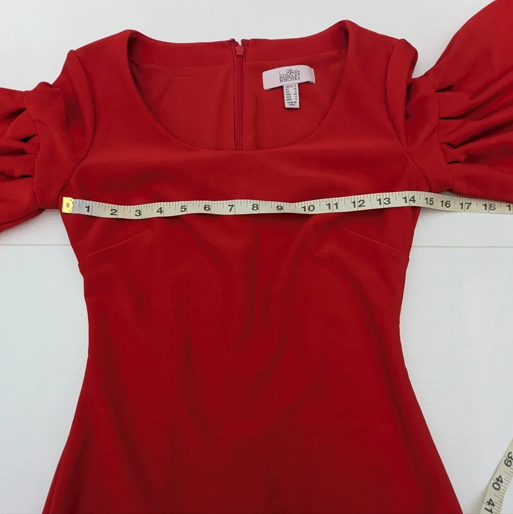 Badgley Mischka Red Knee Length Scuba Sheath Dress 3/4 Bell Sleeves Formal 0 - Picture 4 of 13